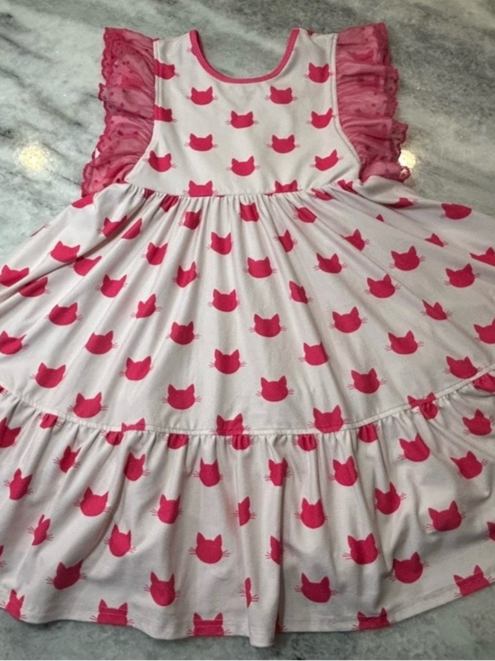 Jane + Jo size 8 Girls Pink Cat Print Ruffle Sleeve Dress